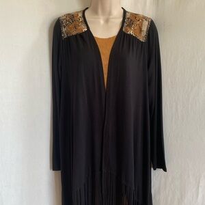 Black Fringe Long Cardigan with Lace Shoulders and Side Pockets